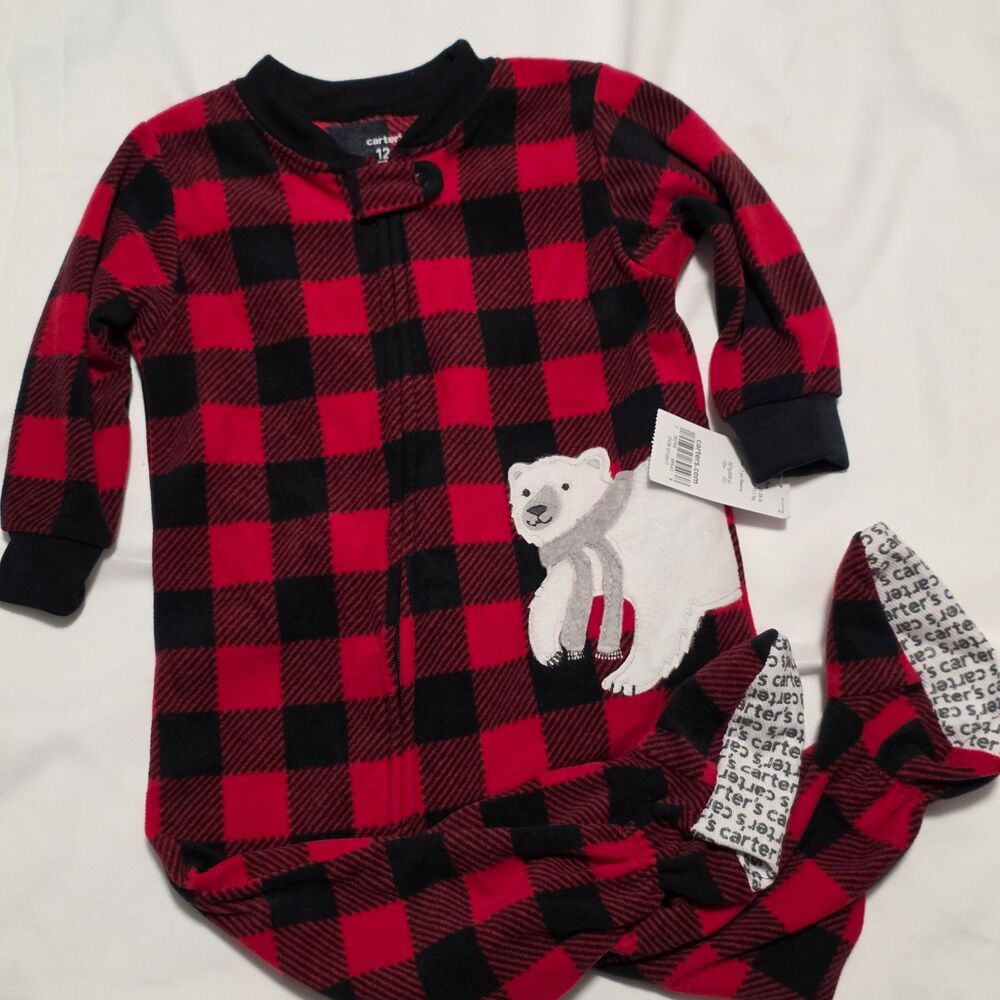 Carter's Toddler Boys Red Buffalo Check Polar Bear Fleece 12M NWT